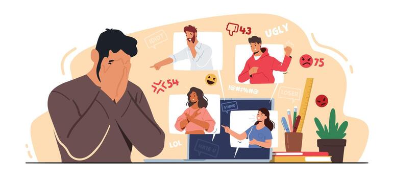 Cyber Bullying Harassment. Teen Crying front of Computer Screen after Being Bullied and Called Nasty Names over Internet vector