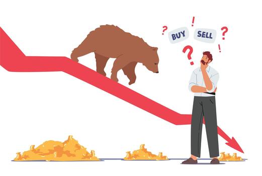 Trader Searching Wise Financial Solution for Money Concept. Doubtful Businessman Character Thinking Buy or Sell Money vector