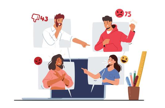 acoso cibernético red abuso y acoso concepto. ciber intimidación problema. odiadores personaje en computadora pantalla vector