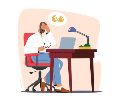 hombre perdedor eliminado información desde computadora por error, estupidez. masculino personaje cubrir cara con roto huevos burbuja vector