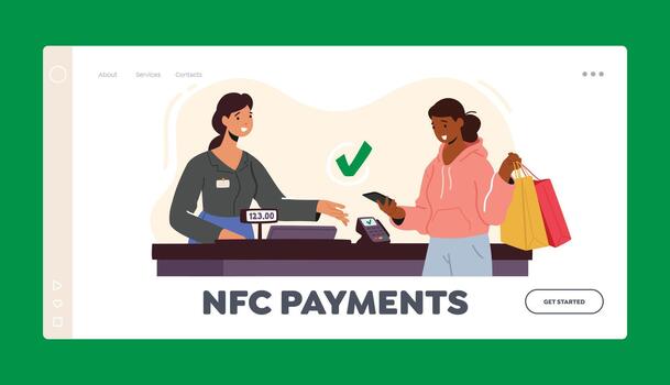 NFC Technologies Landing Page Template. Contactless Payment with Card Reader Machine. Female Character in Supermarket vector