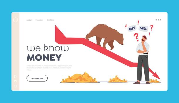 We Know Money Landing Page Template. Trader Searching Wise Financial Solution for Money. Doubtful Businessman Character vector