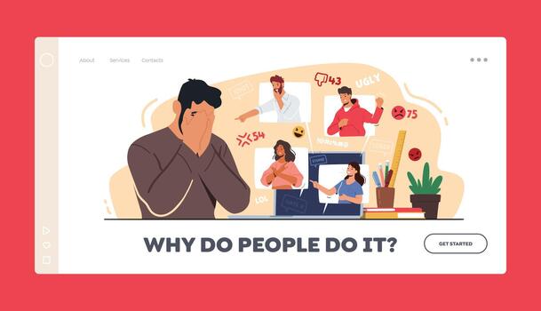 ciber intimidación acoso aterrizaje página modelo. adolescente llorando frente de computadora pantalla después siendo intimidado terminado Internet vector