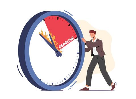 Businessman Character Pushing Huge Clock with Burning Arrows. Time Management, Lack of Time, Work Productivity, Deadline vector