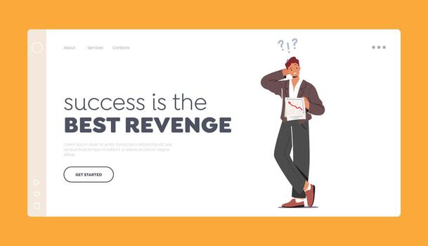 Success is the Best Revenge Landing Page Template. Confused Man Scratching Occiput Trying to Figure Out with Document vector