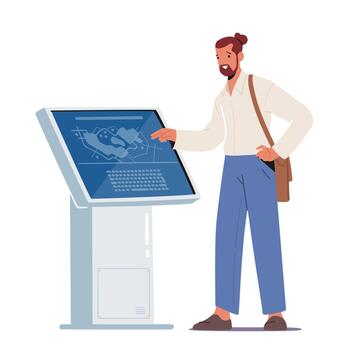 Character Using Info Kiosk Reading Information on Digital Interactive Device Screen with Area Plan. Man Visit Exhibition vector