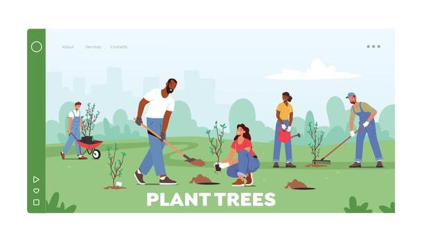 Reforestation Landing Page Template. World Environment Day, Characters Planting Seedlings and Growing Trees into Soil vector