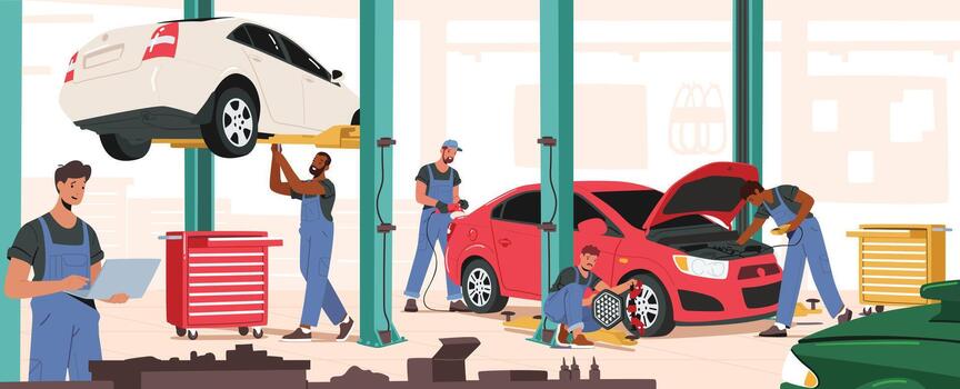 Auto Repair Service, Mechanics Characters with Instruments Fixing and Diagnostics Car. Men in Blue Uniform Checking Auto vector