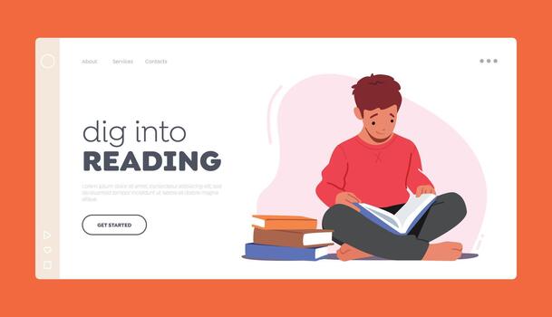 Little Boy Reading Books, Kid Studying Landing Page Template. College Learning Classes. School Child in Library vector
