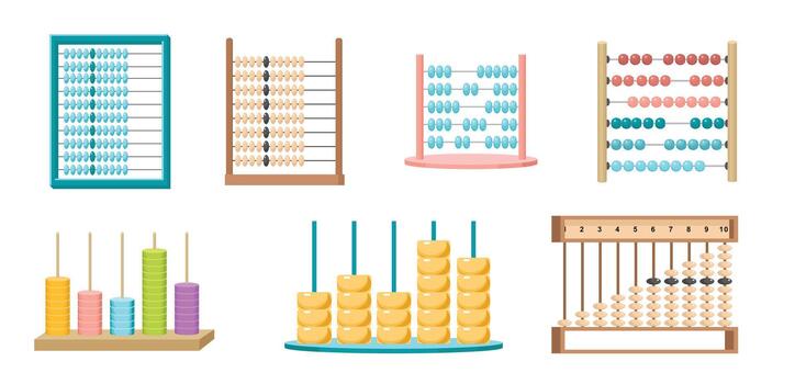 Set of Abacus, Mathematics Learning, Math Calculator Educational Equipment Isolated Design Elements on White Background vector