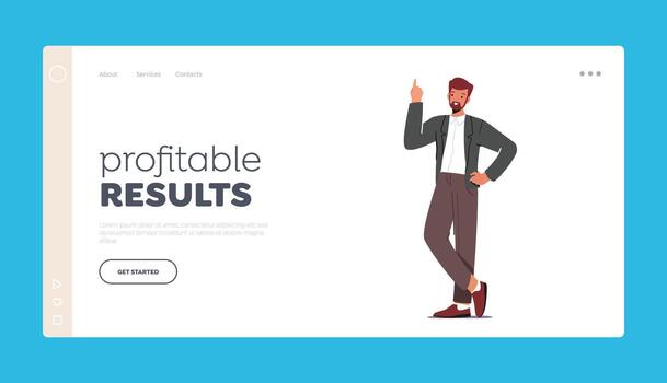 Profitable Results Landing Page Template. Businessman Having Great Insight, Creative Idea. Business Man Task Solution vector