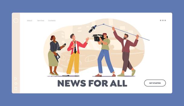 News for All Landing Page Template. Interview, Live News Tv Broadcast with Cameraman and Reporter. Journalist Interview vector