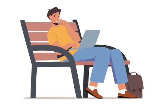 Young Man Sitting on Bench in Park with Laptop in Hands and Communicating Online in Internet. Social Media Networking vector