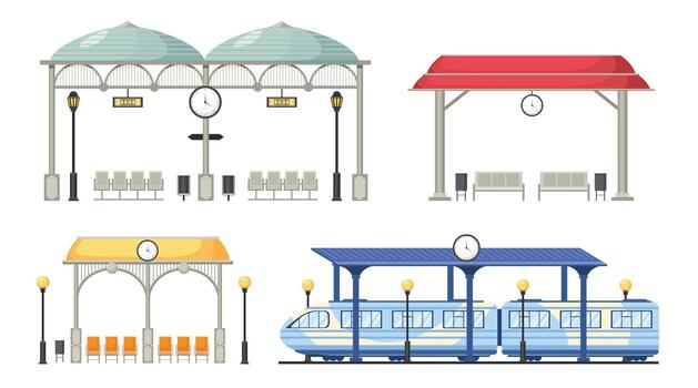 Set of Railway Station Platform with Plastic Seats, Train and Digital Watch Display and Hanging Clock with Street Lamps vector