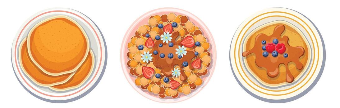 conjunto de panqueques en plato parte superior vista, grande y pequeño pilas de sabroso panadería con Miel, arce o chocolate jarabe, fresa vector