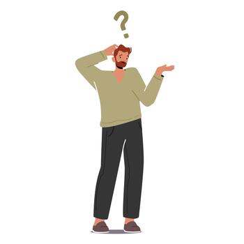 Confused Man Scratching Occiput with Big Question Mark over Head. Thinking Process, Curious Person Asking Questions vector