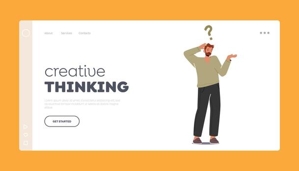 Creative Thinking Landing Page Template. Confused Man Scratch Occiput with Big Question Mark over Head, Search Answers vector