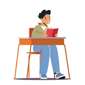Kid Student in School Classroom, Little Schoolboy Character Sitting at Desk with Open Textbook in Hands Reading Lesson vector