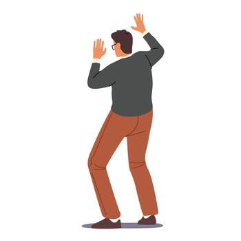 asustado masculino personaje con elevado manos temeroso de algo, proteger desde palizas o acoso. miedo, choque, problemas vector