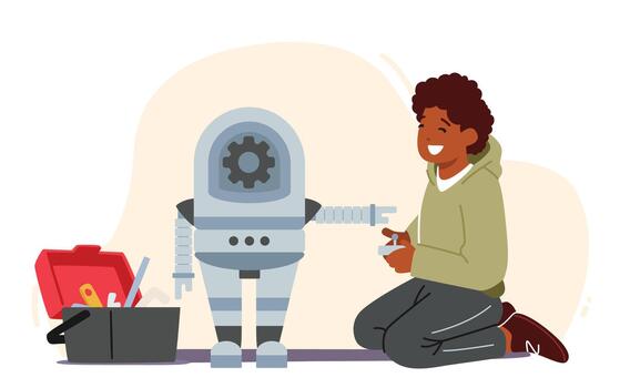 pequeño chico personaje estudiar robótica tecnología. Ingenieria y inteligencia clases para niños. linda chico edificio robot vector