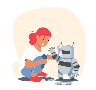 sonriente niño caracteres programación inteligente robot. linda niña jugando con constructor, Ingenieria robótica tecnología vector