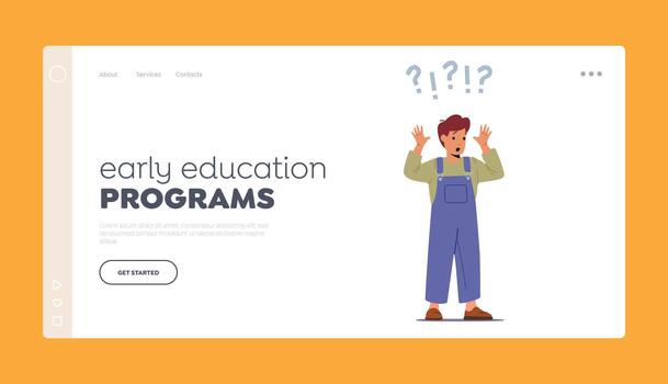Early Education Program Landing Page Template. Surprised Child with Big Question and Exclamation Marks over Head vector