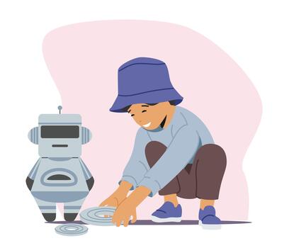 pequeño chico inteligencia aprendiendo, teniendo divertido haciendo cyborg en escuela. niño personaje disfrutar Ciencias lección, Ingenieria vector