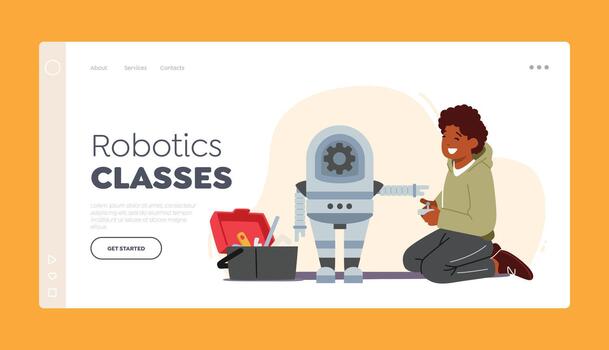 Ingenieria y inteligencia clases para niños aterrizaje página modelo. pequeño chico estudiar robótica linda chico edificio robot vector