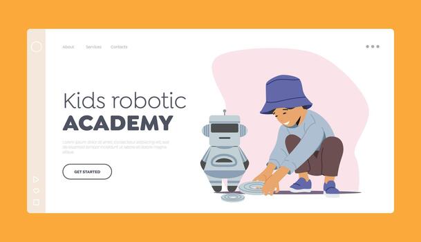 niños robótico academia aterrizaje página modelo. chico inteligencia aprendiendo, teniendo divertido haciendo cyborg en escuela, Ingenieria vector