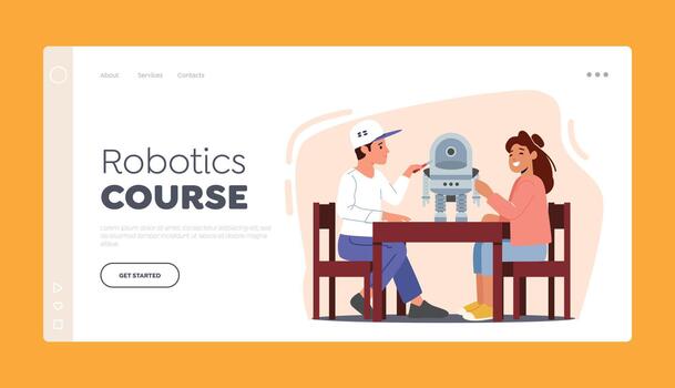 robótica curso aterrizaje página modelo. niños caracteres creando ai cyborg utilizando diferente herramientas, presentación robot vector