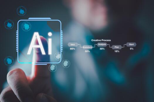 Hand touching a futuristic digital interface with use AI to help work photo