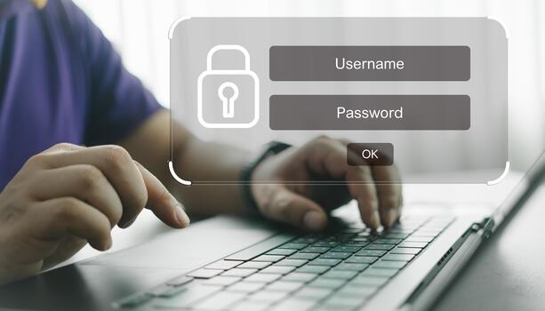 Person use computer to login and password for secure internet access cybersecurity at home photo