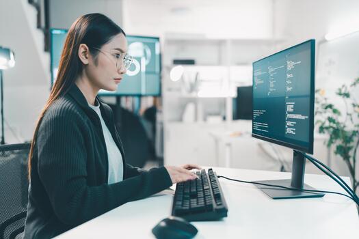 Programmer person in glasses reading script, programming and cybersecurity research on computer photo