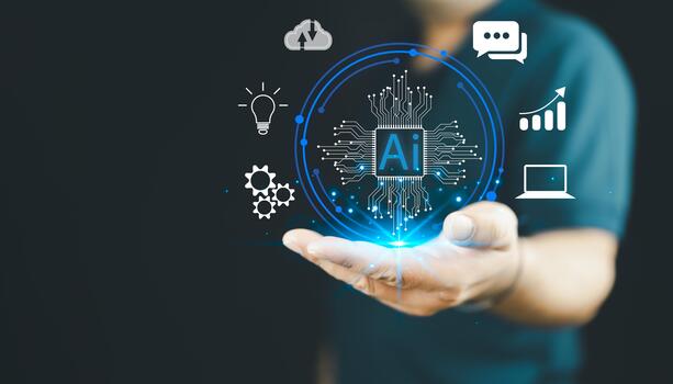 Man using technology for working tools. Chat with AI, using technology smart robot AI. photo