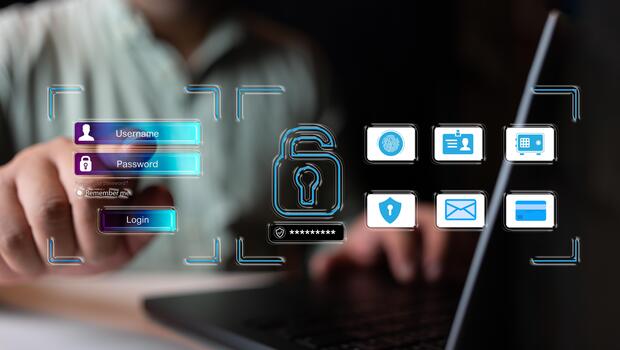 User authentication system with username and password. Securing accounts with strong passwords. photo
