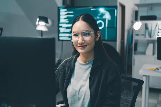 Lovely young lady typing keyboard coding developer comfortable programmer. photo