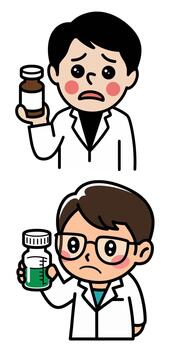 Scientists Holding Bottles with Concerned Expressions in Lab Coats vector