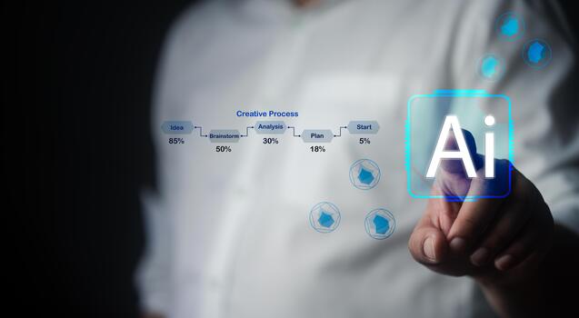Hand touching a futuristic digital interface artificial intelligence app interface, digital technology. photo