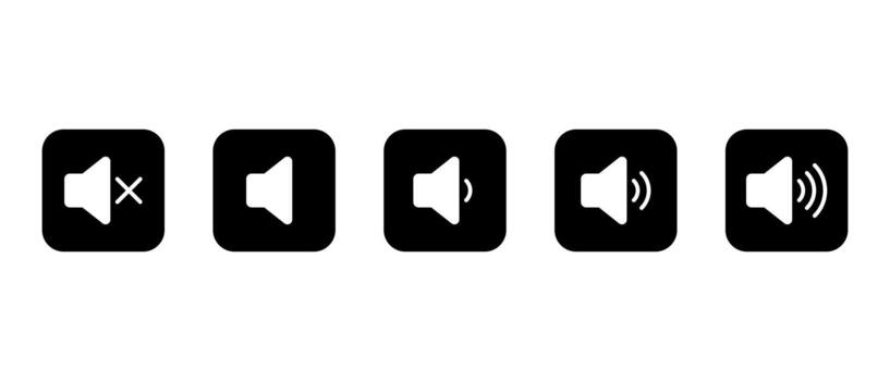 Speaker volume icon in black square. Sound and audio level symbol. Mute and loud speaker sign vector