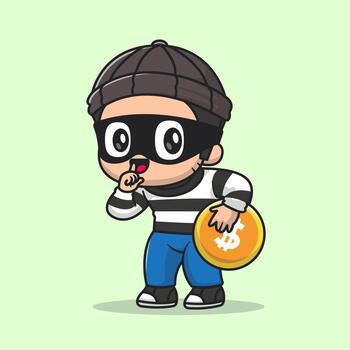 Cute Thief Stealing Gold Coin Cartoon vector