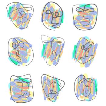 un conjunto de nueve resumen cara diferente emociones pinturas en uno línea Arte estilo. vector