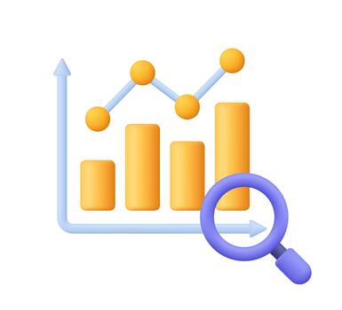 Yellow bar chart with line graph and magnifying glass. Financial stock market, data analysis, statistics, research and business growth concept. 3d icon. Cartoon minimal style. vector