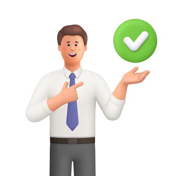 Young smiling businessman Ted pointing at circle button with check mark symbol. Approval, success, positive result and completed task concept. 3d people character. Cartoon minimal style. vector