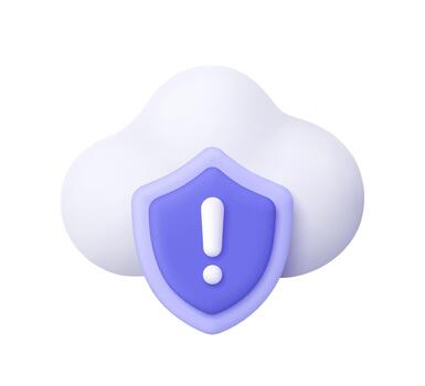 Cloud with purple security shield and exclamation mark. Cybersecurity, cloud storage, cloud security, alert, notification, data protection warning concept. 3d icon. Cartoon minimal style. vector