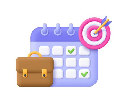 Purple calendar with check marks, brown briefcase and pink target with an arrow. Business planning, goal setting, productivity and time management concept. 3d icon. Cartoon minimal style. vector