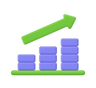 Growing bar chart with purple bars and green upward arrow. Financial growth, data analysis, increasing progress, business performance and statistics concept. 3d icon. Cartoon minimal style. vector