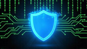 cíber segurança escudo brilhando com binário código para digital defesa, uma dinâmico Internet segurança fundo para moderno tecnologia e dados proteção necessidades video