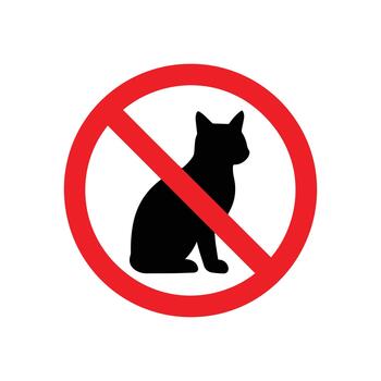 Clear warning sign prohibiting cats from specific areas, featuring a black cat silhouette inside a bold red circle with a diagonal line, universally symbolizing no entry for feline pets vector