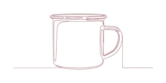 Enamel mug, a cup featuring a mirrored rim and handle, set against a plain background. Modern minimalist one-line drawing. vector
