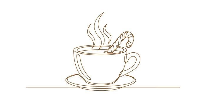 A continuous single line sketch of a steaming cup of hot chocolate with a peppermint stick. vector